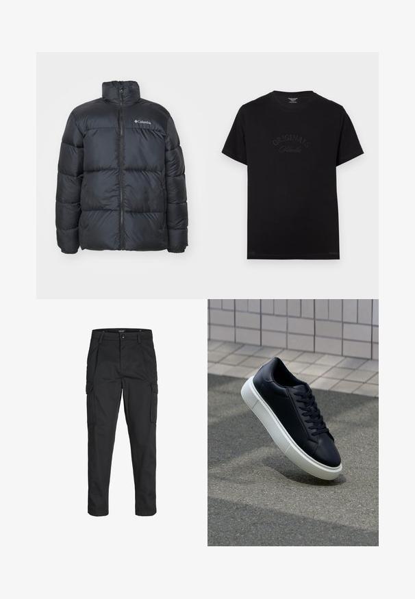 Sort pufferjakke med høj krave, lynlås foran, elastiske manchetter og quiltede paneler til isolering. Har Columbia-logo på brystet.; Sort bomulds t-shirt med korte ærmer og rund halsudskæring. Har "ORIGINALS Studio" prægede i tonal skrift på forsiden.; Sorte cargo-bukser lavet af slidstærkt stof, der har flere lommer, en knaplukning og et slim fit design med smalle ben.; Sort lædersneaker med rund tå og hvid gummisål. Har flade snørebånd og minimal syning på overdelen. Tekstureret sål for bedre greb.