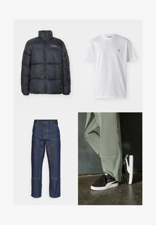 Čierna prešívaná bunda s vysokým golierom, predným zipsom, elastickými manžetami a prešívanými panelmi pre izoláciu. Na hrudi sa nachádza logo Columbia.; Biele bavlnené tričko s krátkymi rukávmi, okrúhlym výstrihom, s malým zlatým logom na ľavej strane hrude. Mäkká textúra a normálny strih.; Tmavomodré denimové džínsy s vysokým pásom, rovného strihu, kontrastným prešívaním a vreckami na prednej strane.; Čierne semišové tenisky s bielymi gumovými podrážkami a postrannými prúžkami, v kombinácii s svetlozelenými cargo nohavicami, stojace na textúrovanom tmavom povrchu.