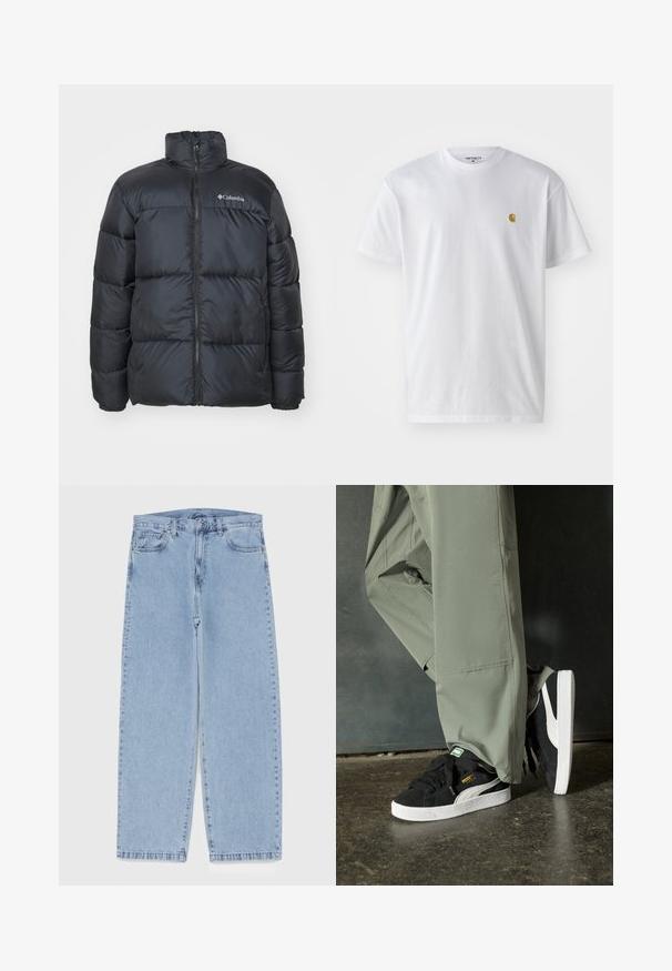 Musta puffatakki korkealla kauluksella, etuvetoketjulla, joustaviin hihansuihin ja eristykseen ommelluilla paneeleilla. Rinnassa Columbia-logo.; Valkoinen puuvillapaita lyhyillä hihoilla, pyöreä kaula-aukko, jossa on pieni kultainen logo vasemmassa rintapielessä. Pehmeä kangas ja normaali istuvuus.; Vaaleansiniset farkut suoran lahkeen muotoilulla, joissa on puolivälin vyötärö, viisi taskua sekä nappi- ja vetoketjusuljenta.; Mustat mokkakengät, joissa on valkoiset kumipohjat ja sivuraitoja, yhdistettynä vaaleanvihreisiin cargo-housuihin, seisoen tummalla teksturoidulla pinnalla.