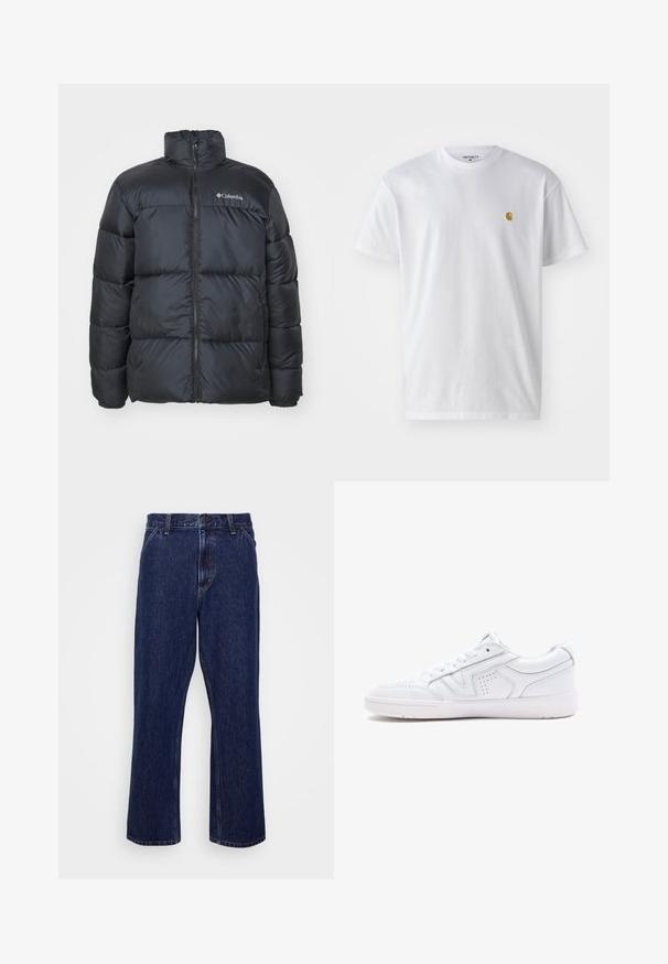 Črna puffer jakna z visokim ovratnikom, sprednjim zadrgo, elastičnimi manšetami in šivanimi paneli za izolacijo. Ima Columbia logo na prsih.; Bela bombažna majica s kratkimi rokavi, krožnim ovratnikom, z majhnim zlatim logotipom na levem prsnem predelu. Mehka tekstura in običajen kroj.; Temno modri jeans iz denima s ravno nogavico, z gumbnim zapiranjem, petimi žepi in subtilnimi šivi.; Bele usnjene superge z nizkim dizajnom, okroglo konico, perforiranimi detajli in teksturiranim podplatom. Vključene so vezalke in subtilni šivi.
