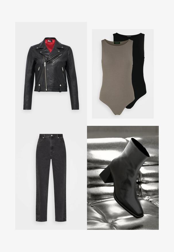 Black leather biker jacket with a cropped design, asymmetrical zipper, silver hardware, and a red inner lining. Features include zippered pockets.; Two sleeveless bodysuits in olive green and black. Made of smooth fabric with a round neckline and a high-cut leg design.; Straight-leg black denim jeans with high waist, front button and zipper, and five-pocket styling on a white background.; Black ankle boot made of glossy material with a square toe and tapered heel, set against a shiny silver tufted background.
