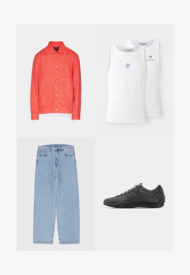 Casaco de ganga vermelho com colarinho, fecho frontal com botões, dois bolsos grandes e um logótipo bordado no peito. Textura suave e ajuste entalhado.; Dois tops brancos de alças, com textura canelada, apresentando logótipos bordados em azul e verde. Um tem um desenho de sol, o outro uma palmeira.; Jeans de denim azul claro com design de perna reta, apresentando uma cintura de altura média, cinco bolsos e um fecho de botão e zíper.; adidas Originals ADIRACER UNISEX - Sapatilhas - core black/cream white