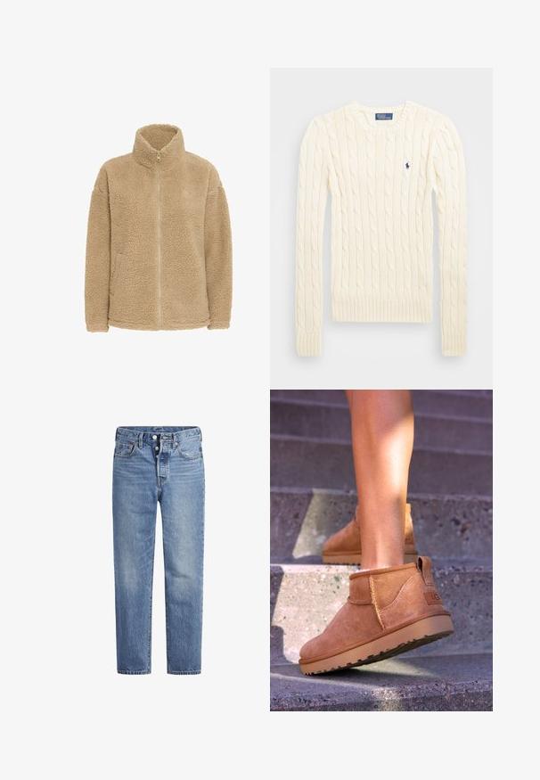 Beige fleece jacket with a high collar, full zipper, and side pockets. Features a soft, textured surface and relaxed fit.; Cream cable-knit sweater with long sleeves, ribbed cuffs and hem, featuring a small embroidered logo on the left chest.; Light blue denim jeans with a straight cut, five-pocket design, and a button fly. Features subtle fading and orange stitching accents.; Tan suede ankle boots with a soft texture, stitched detailing, and a rubber sole, featuring a looped heel for easy wear.
