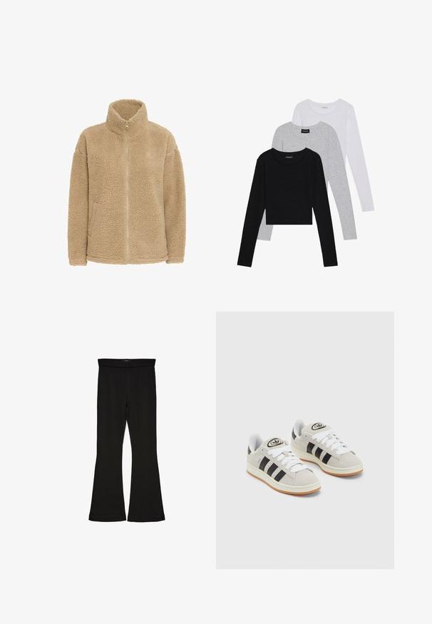 Beige polárdzseki magas gallérral, teljes hosszában zipzárral és oldalsó zsebekkel. Puha, texturált felülettel és laza szabással rendelkezik.; Három hosszú ujjú póló egymásra rakva: fekete, szürke és fehér. Mindegyiknek kerek nyaka van, és rövidített fazonnal rendelkezik, sima, könnyű anyagból készült.; Fekete trapéz leggings rugalmas anyagból készült. Széles derékpánttal és sima textúrával rendelkezik, illeszkedő sziluettje van, amely a szegélyen kigyullad.; Szürke velúr sportcipők fehér fűzővel, fekete csíkokkal és fehér gumitalppal. A nyelvén kör alakú logó található, illetve a talpa színes gumi.