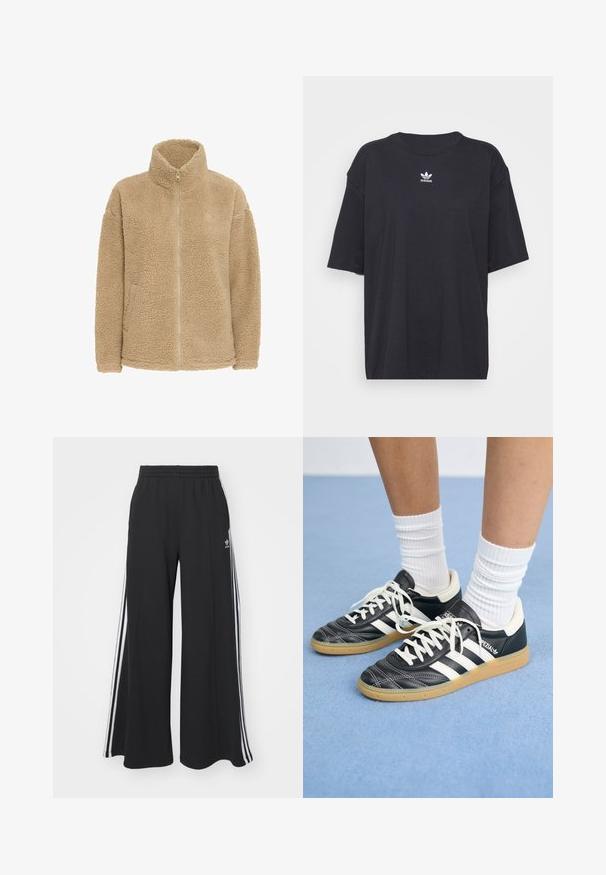 Beige fleecejakke med høy krage, hel glidelås og sidelommer. Har en myk, strukturert overflate og avslappet passform.; Svart bomull T-skjorte med korte ermer, rund halslinje, med en hvit Adidas-logo på brystet. Enkel design, avslappet passform.; Svart vide joggebukser med elastisk midjebånd, med hvite sidestriper og brodert logo på venstre lår.; Sorte lærersneakers med hvite striper, rund tå, hvite snørebånd og såle av gummigummi. Fremhevet med polstret krage og merkeinfos.