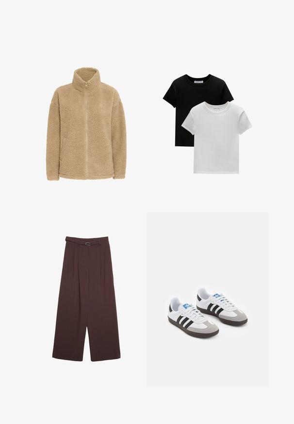 Beige Fleecejacke mit hohem Kragen, durchgehendem Reißverschluss und seitlichen Taschen. Sie verfügt über eine weiche, strukturierte Oberfläche und eine lockere Passform.; Zwei T-Shirts mit Rundhalsausschnitt in Schwarz und Weiß, aus Baumwolle. Sie haben kurze Ärmel und einfarbiges Design ohne Muster oder Akzente.; Stradivarius WIDE-LEG WITH BUCKLE DETAIL - Stoffhose - dark brown; Sportschuhe mit einem Obermaterial aus weißem Leder, grauer Wildleder-Zehenkappe und drei schwarzen Streifen. Sie verfügen über ein blaues Logo auf der Zunge und eine strukturierte Gummisohle.