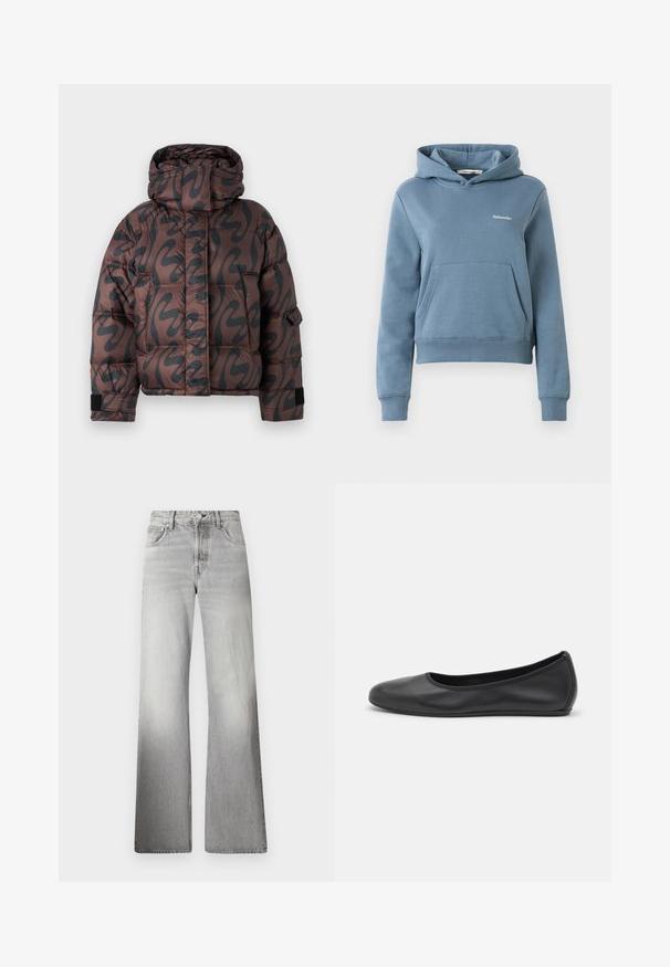 Puffer jacket in brown with black abstract pattern, featuring a high collar, quilted design, and contrasting black cuffs.; Blue cropped hoodie with front kangaroo pocket and small white "Holzweiler" logo on left chest, ribbed cuffs and hem.; Gray denim wide-leg jeans featuring a high waist, faded texture, five pockets, and a zip fly with button closure.; Black leather ballet flat with a rounded toe, smooth texture, minimal stitching detail, and a flexible sole design.