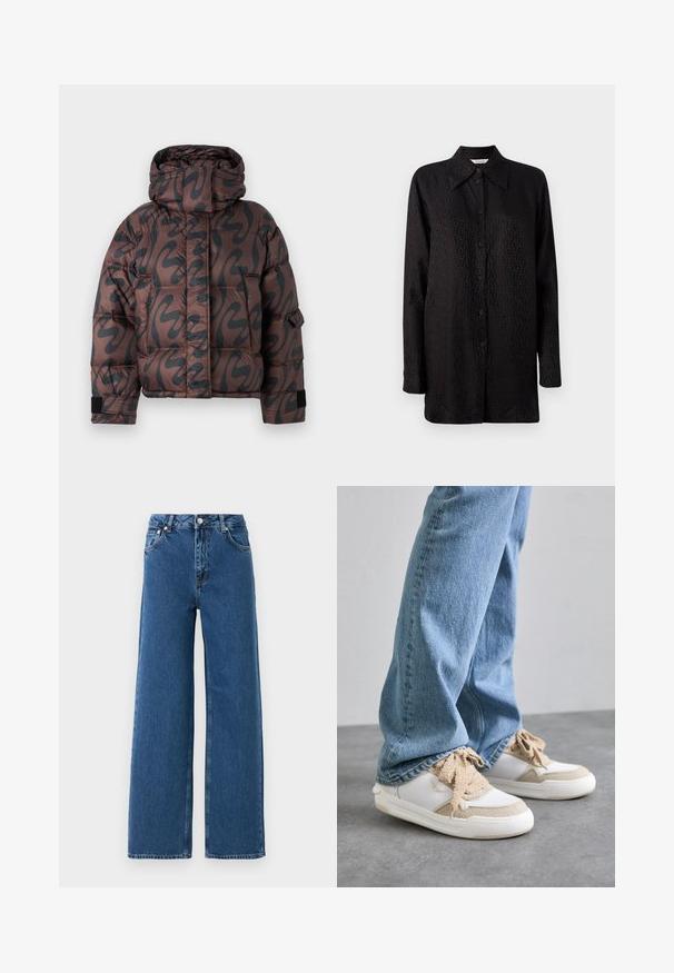 Schildwakersjack in bruin met zwart abstract patroon, voorzien van een hoge kraag, gestikte ontwerp en contrasterende zwarte manchetten.; Zwarte overhemden met knoopjes van gladde stof, met een subtiele, gemêleerde patroon, puntige kraag en lange mouwen.; Blauwe hoge taille wijde pijpen jeans met sluiting met knoop en rits aan de voorkant, voorzakken en riemlussen op een witte achtergrond.; Witte en beige sneakers met gestructureerde panelen, voorzien van beige veters en een rubberen zool, gecombineerd met lichtblauwe spijkerbroeken.