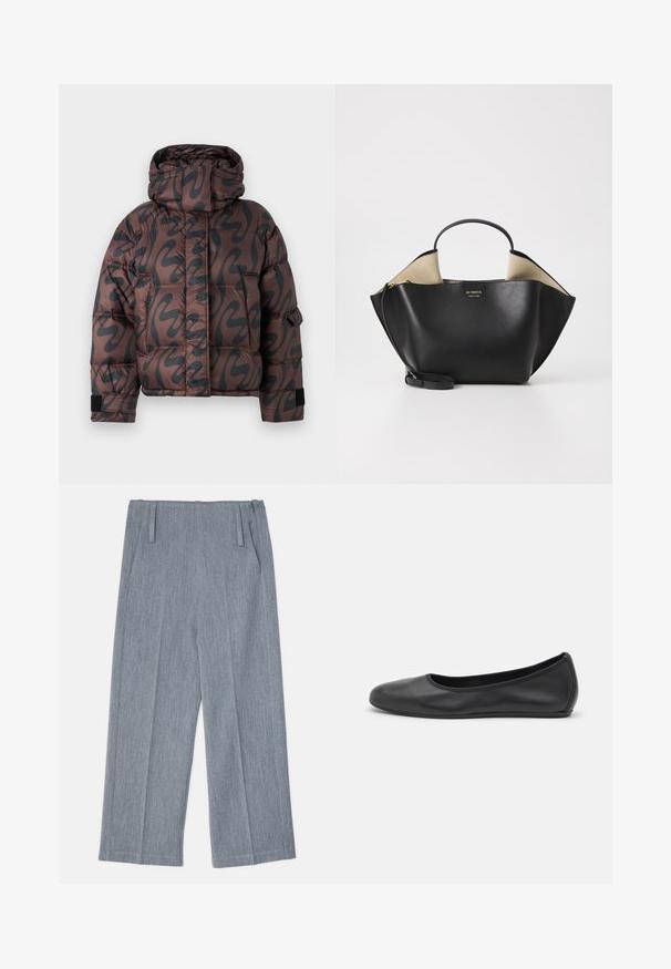 Pufasta jakna v rjavi barvi z črnim abstraktnim vzorcem, ki ima visok ovratnik, kviltano zasnovo in kontrastne črne manšete.; Bela dolga majica s kragnico iz bombaža. Ima gumbno zapenjanje spredaj in eno žep na prsih. Gladka tekstura, sproščen kroj.; Svetlo sivi, široki hlače iz teksturirane tkanine, ki imajo dve sprednji gubi in že dva stranska žepa. Čist, prilagojen dizajn.; Črne usnjene balerinke z zaobljenim nosom, gladko teksturo, minimalnimi šivi in fleksibilno zasnovo podplata.; Ree Projects ANN TOTE MINI - Torbica - black