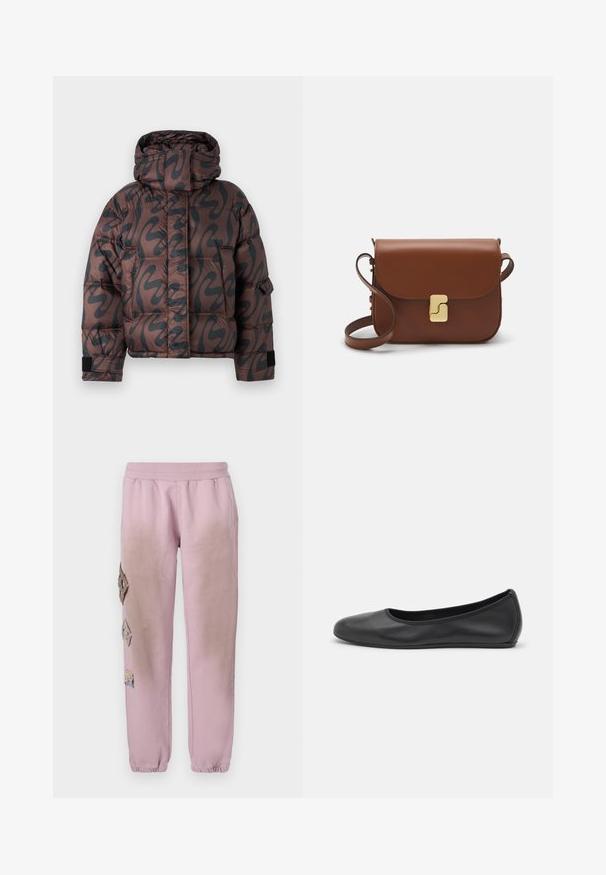 Rudas pūkinis jakas su juodu abstrakčiu raštu, turintis aukštą apykaklę, siuvinėtą dizainą ir kontrastingus juodus rankogalius.; Balta trumpa rankovėmis marškinėliai, pagaminti iš pasiruošusio audinio. Apvali iškirptė, reguliari tinkamumas ir subtilūs siuvimo detalės. Be raštų ar grafikos.; Rožinės sportinės kelnės su elastinga juosta, kairėje pusėje dekoruotos rombo formos aplikacijomis ir elastingais užkulniais.; Juodai odiniai baletai su apvaliu pirštu, lygi texture, minimalus siuvimo detales ir lanksčiu padų dizainu.; Ruda odinė rankinė su uždaromu dangteliu, aukso spalvos detalėmis, petneša ir lygiu paviršiumi. Kompaktiška stačiakampio formos.