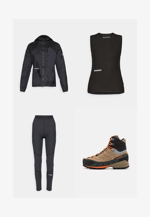 Must must see, misetev ja vett hülgav kangas. Omab lukuga esist, kapuutsi ja logo detaili vasakul rinnal.; Mustat ilmaäratavad särk ilma varrukateta, millel on tekstuuriga muster, ümmargune kaelus ja esiküljel "MAMMUT" logo. Valmistatud hingavast materjalist.; Mustad must võistlusleggingsid tekstureeritud paneelidega ja tugevdatud õmblustega, brändi logoga ja laia elastse vöökohtaga.; Bež ja must kõrge varbaga matkasaapad oranži paeltega, kummist varbakattega, tekstuuriga ülaservaga ja robustse tallaga. Omab tugevdatud pahkluutoetust.