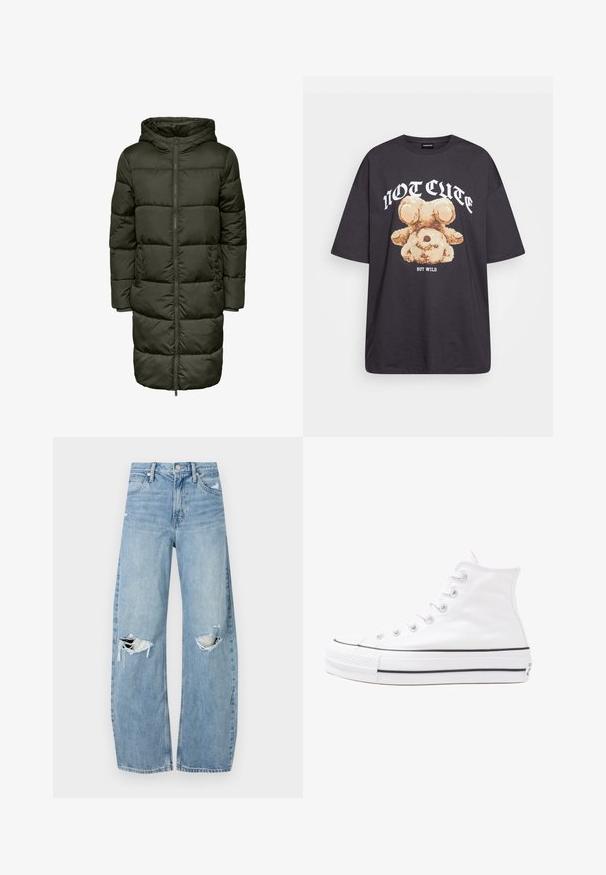 Purus ilgas paltas tamsiai žalias, su kapuce, užtrauktuku ir elastingomis rankovėmis. Pagamintas iš šiltos medžiagos, užtikrinančios šilumą ir komfortą.; Juodas per didelis marškinėliai su bearo grafika ir tekstu "NE SIAUBINGA, BET NERAMUS" bold baltomis raidėmis. Pagaminta iš medvilnės.; Šviesiai mėlynos, aukštu juosmeniu džinsai pagaminti iš džinsinio audinio. Turi plačias kojų kelnes, dvi suplėšytas kelio vietas ir klasikinį penkių kišenių dizainą.; Balti aukštakulniai drobės sportbačiai su juodu guminio pado, priekinio guminio piršto dangteliu ir šešiais akytėmis raištams, pasižymintys švariu, minimalistiniu dizainu.