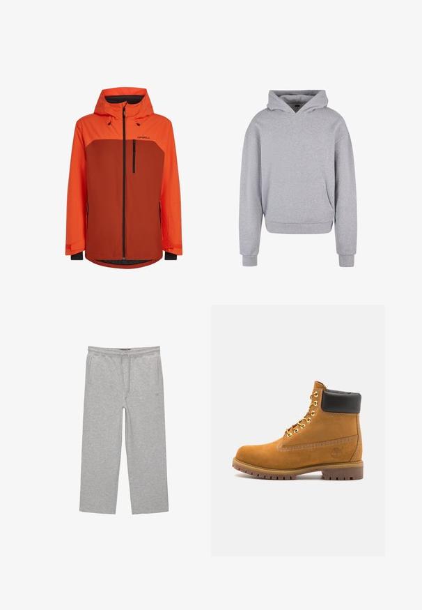 Orange og brun vandtæt jakke med lynlås foran, justerbar hætte og to lynlåslommer samt elastiske manchetter for en sikker pasform.; Grå bomulds-hoodie med en frontlomme, snoretræk i hætten og ribbede manchetter og kant. Har en blød, tekstureret overflade.; Grå bomulds-loungebukser med elastisk talje, snor og to sidelommer; lige ben-design, blød tekstur, uden mønstre.; Tan nubuck ankelstøvle med sort polstret krave, gyldne metaløjer, hvid syning detaljer og robust gummisål med udtalte slidbaner.