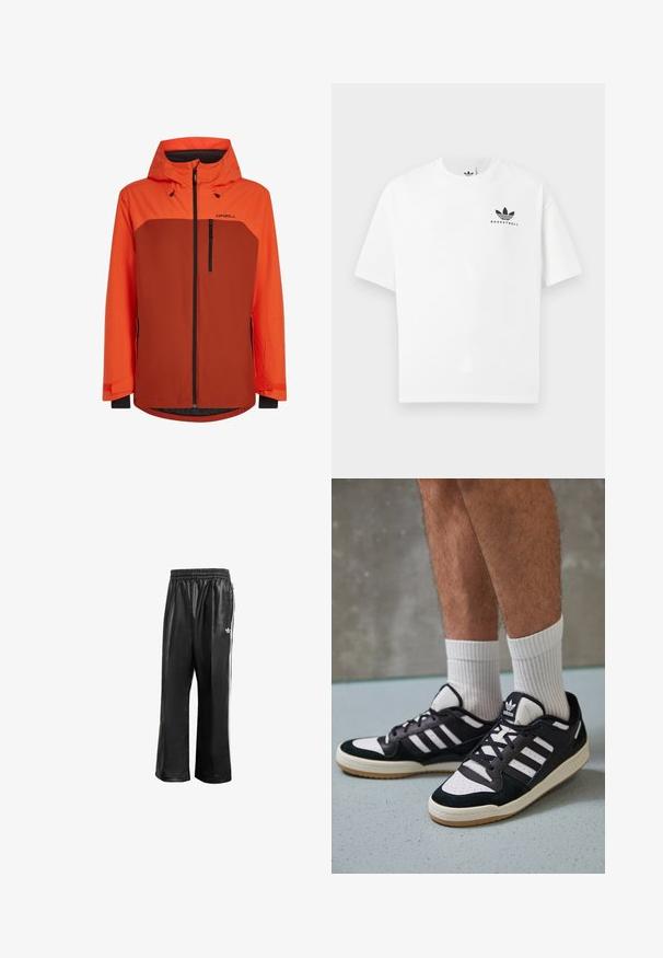 Orange and brown waterproof jacket featuring a zippered front, adjustable hood, and two zippered pockets with elastic cuffs for a secure fit.; White cotton t-shirt with short sleeves, featuring a black "BASKETBALL" logo and iconic three-stripe design on the front.; Black synthetic track pants with an elastic waistband, featuring white side stripes and a small white logo on the left hip.; Black and white sneakers with a suede and leather upper, featuring three white stripes, a perforated toe, and a gum rubber sole.