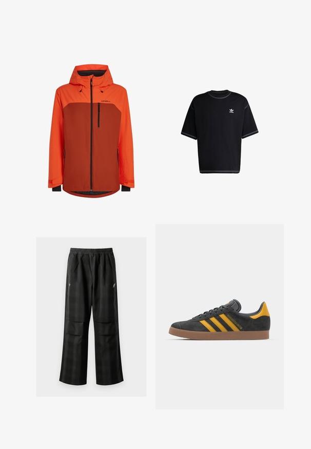 Veste imperméable orange et marron avec fermeture éclair à l'avant, capuche réglable et deux poches zippées avec des poignets élastiques pour un ajustement sécurisé.; T-shirt en coton noir à manches courtes. Présente un col rond et des accents de couture blanche. Petit logo Adidas blanc sur la poitrine gauche.; Pantalons à carreaux noirs avec une taille élastique, deux poches avant et une coupe ample avec une conception à jambe droite. Fabriqués en matériau léger.; Baskets en suede noir avec des accents jaunes, présentant trois rayures et une semelle en caoutchouc marron. Comprend une languette rembourrée pour le confort.
