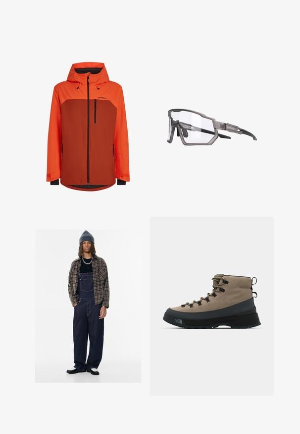 Orange and brown waterproof jacket featuring a zippered front, adjustable hood, and two zippered pockets with elastic cuffs for a secure fit.; Long-sleeve white cotton t-shirt with a round neckline, loose fit, and ribbed cuffs. Plain design, no graphics or patterns.; Denim overalls in dark blue with side pockets, worn with a black shirt and a brown plaid shirt. Gray knit beanie and contrasting shoes.; Tan and black hiking boot featuring lace-up design, durable upper material, and textured sole for traction against various terrains.; Grey sporty sunglasses with a semi-rimless design, transparent lenses, and textured, rubberized temple arms. Features logo on the side.