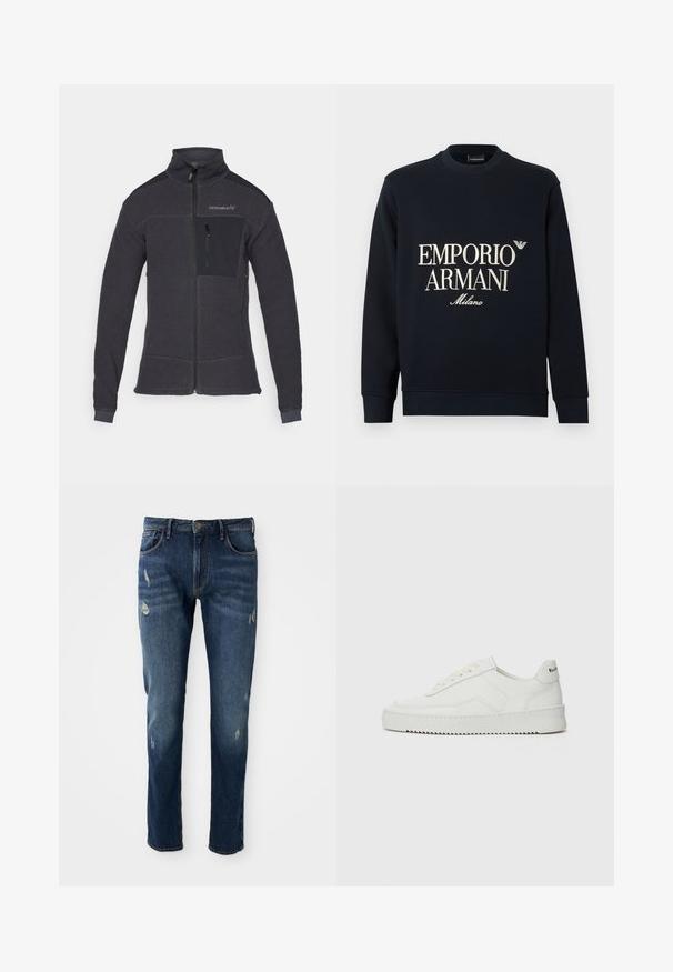 Sötét szürke polár dzseki magas gallérral, elől cipzárral és fekete szövetből készült mellzsebbe. Texturált anyag és illeszkedő mandzsetták jellemzik.; Tengerészkék pulóver hosszú ujjakkal, kerek nyakkivágással és sima anyagtextúrával. Elöl fehér "EMPORIO ARMANI" és "Milano" logóval.; Sötétkék farmeregyenes nadrág, karcsúsított szabással, enyhe kopásokkal a combokon és a térdeken, klasszikus öt zsebes dizájn és gombos zárás.; Fehér bőr sportcipő sima felülettel, kerek orral, lapos fűzőkkel és texturált talppal. Finom logó található a sarokon.