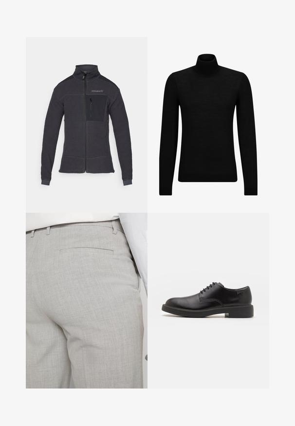 Tumehall fleece-jakk, millel on kõrge krae, esineveti ja mustast kangast rinnatasku. Omab tekstuurset kangast ja sobivaid randmeääri.; Musthave muströid ja pehmest materjalist must turtleneck, millel on pikad varrukad ja tihe istuvus. Ribaga ääris allservas ja vöökohal. Lihtne disain.; Heledat hallid kohandatud püksid tekstuurse kangaga, millel on üks tagatasku ja puhas õmblus.; Must beemel levalis kingad ümarate varvastega, sileda pinnaga, minimaalsete õmblustega ja madala kummist kontsaga. Logo kontsa peal.