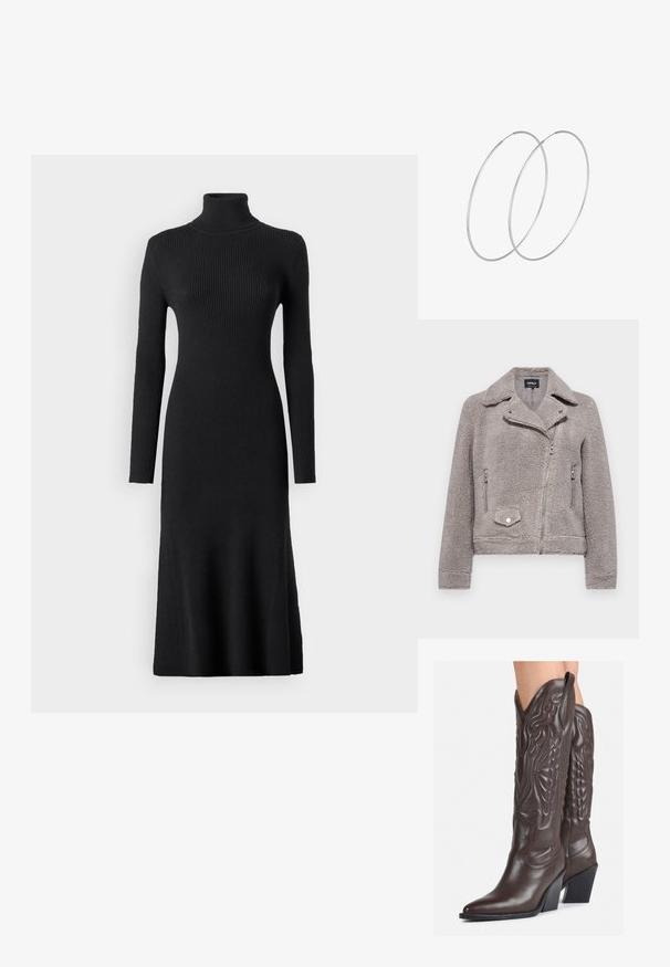 Pelēka sintētiskā kažokāda ar apkakli, ar ripošanas slēgšanu, divām sānu kabatām un vienu krūšu kabatu. Ir cieši pieguļoša piegriezuma un teksturēta virsma.; VILA VIAMARIA ROLL NECK DRESS - Džemperkleita - black; Brūni ādas kovboju zābaki ar norādītu purngalu un blokveida papēdi, ar detalizētu šūšanu un paceltiem akcentiem uz kājas daļas.; Maza krēmkrāsas rokas soma ar teksturētu apdari, garu regulējamu siksniņu, ķēdes akcentu un vāciņa aizdari. Zelta aparatūras detaļas.; Sudraba gredzenveida auskari ar minimālistisku dizainu. Cirkulāra forma, gluda tekstūra un plāns profils. Vieglu svaru ar spīdīgu apdari.
