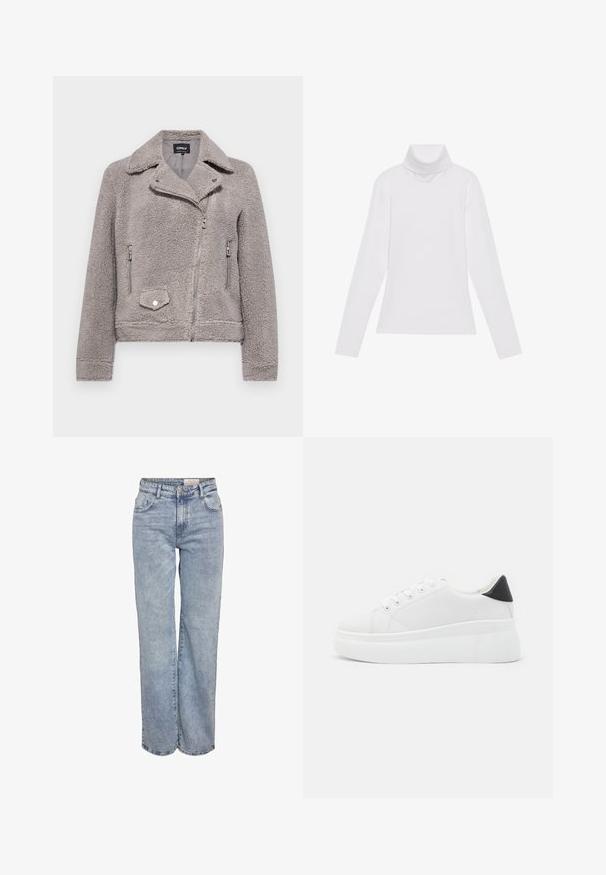 Pilkos dirbtinės vilnos striukė su apykakle, užtrauktuku priekyje, dviem šoninėm kišenėm ir viena krūtine kišene. Ypatybės: tvirtas prigludimas ir tekstūruotas paviršius.; Baltas ilgomis rankovėmis turtleneko tipo marškinėliai, pagaminti iš lygaus, tamprus audinys. Yra aukštas apykaklė ir prisitaikantis dizainas, be matomų raštų ar papuošimų.; Šviesiai mėlyni plačios kojų džinsai, pagaminti iš džinsinio audinio, pasižymintys aukštu liemeniu, penkių kišenių dizainu ir subtiliu blukimu, kad atrodytų jau dėvėti.; Balti platforminiai sportbačiai, pagaminti iš lygios sintetinio audinio, su apvaliu pirštu, raištelių užsegimu ir tekstūruota guma padanga. Juodas kulno akcentas.