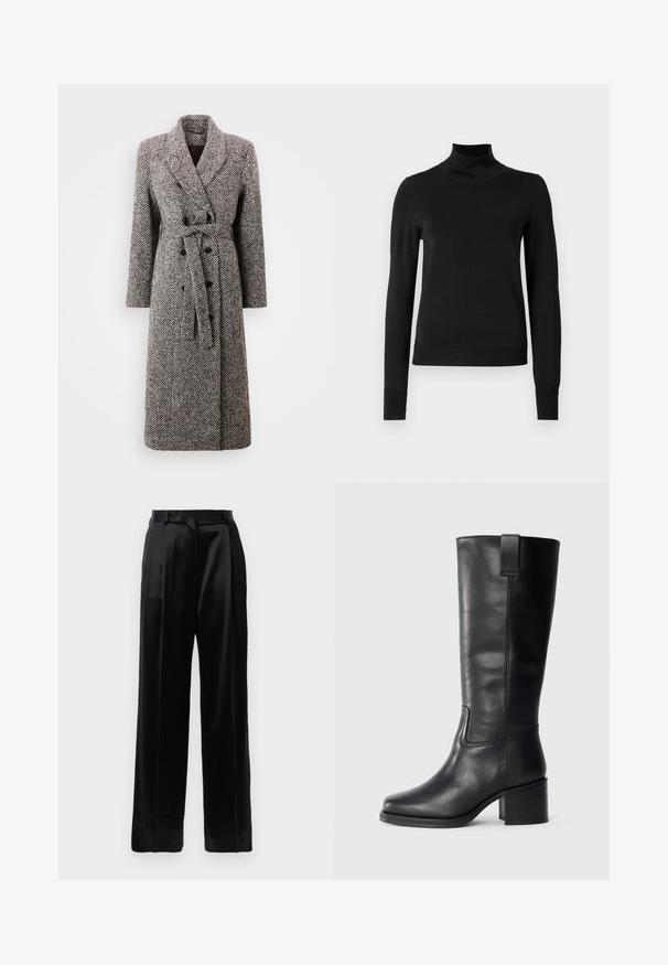 Holzweiler EMI HERRINGBONE COAT - Classic coat - brown mix; Black long-sleeve turtleneck sweater with ribbed cuffs and hem, displayed on a plain white background.; Black high-waist satin trousers with straight wide legs, belt loops, and a flat front closure against a plain white background.; Black leather knee-high boots with a smooth texture, square toe, block heel, and side pull tab, featuring minimal stitching details.