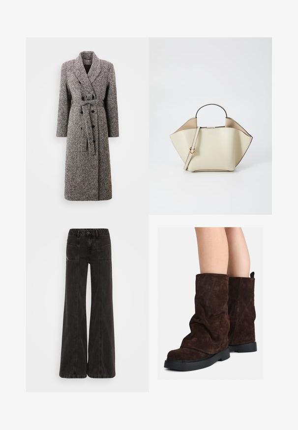 Holzweiler EMI HERRINGBONE COAT - Cappotto classico - brown mix; Camicia a maniche lunghe verde chiaro con frontale a bottoni, colletto, tessuto strutturato e dettagli con cravatta ai polsini. Design con orlo dritto.; Jeans neri a gamba larga realizzati in denim, con vita alta, tasche frontali e cuciture tono su tono lungo le cuciture.; Stivali in suede marrone a metà polpaccio con suole in gomma nera indossati su gambe nude, mostrano lievi pieghe sulla parte superiore degli stivali.; Ree Projects ANN - Borsa a mano - beige