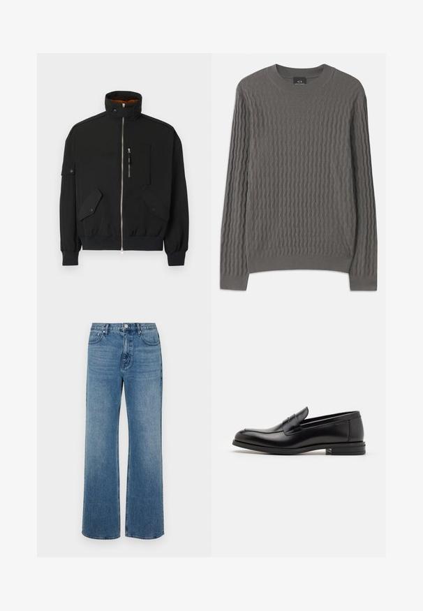 Juodas švarkas, pagamintas iš lengvos medžiagos, su aukšta apykakle, užtrauktuku priekyje, krūtinės kišene ir dviem priekinėmis kišenėmis su sklendem.; Armani Exchange Džemperis - dark gull zig zag; Platus blaujos džinsai, pagaminti iš dėvėtos džinsinio audinio. Sukurtas su penkiomis kišenėmis, priekiniais sagčių uždarymu ir tiesiu kirpimu.; Juodos odinės loafers, turinčios lygų paviršių, apvalią noselę ir dekoratyvinę juostą per priekinę dalį. Žemas krentantis kulnas, minimalistinis dizainas.
