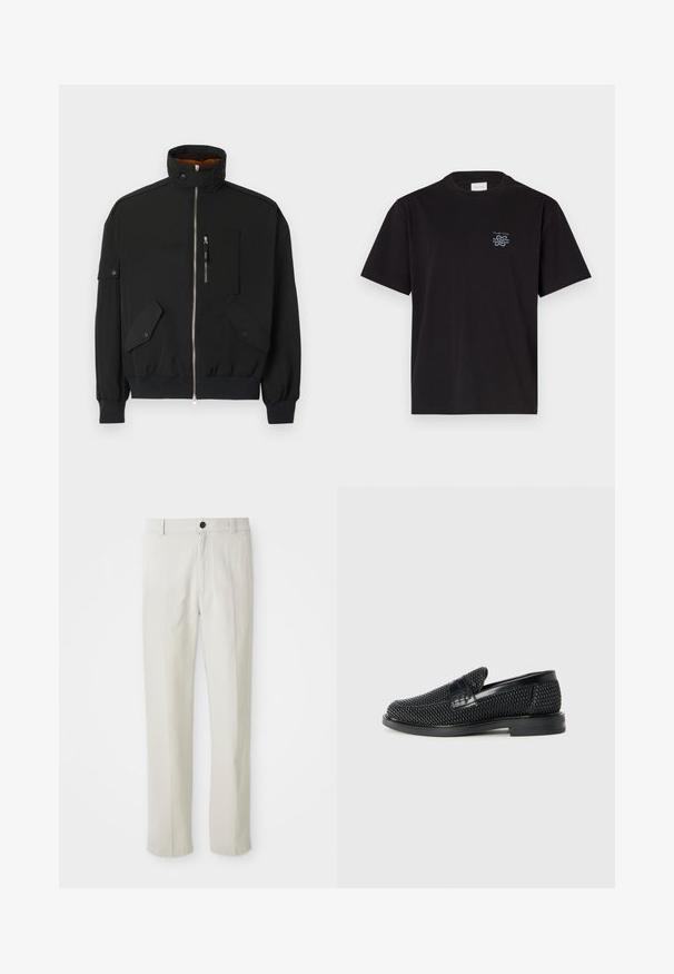 Black jacket made of lightweight fabric, featuring a high collar, zip front, chest pocket, and two front flap pockets with snap closures.; Black cotton t-shirt with a crew neck and short sleeves. Features a small blue logo on the left chest. Simple, straight-cut design.; Beige straight-leg pants with belt loops, front button, and zip closure, displayed flat on a white background.; Black woven slip-on shoe with a smooth leather accent on the upper, a round toe design, and a low-profile rubber sole.