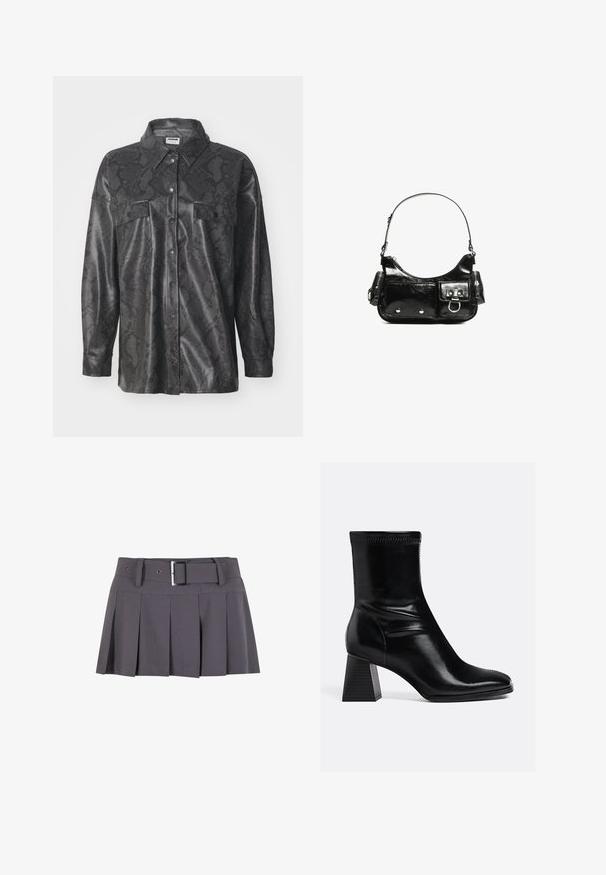Črna sintetična jakna s kratkimi rokavi, z vzorcem kačjega usnja, z gumbi na sprednji strani, dvema žepoma na prsih in ovratnikom. Gladka tekstura.; Črna srajca dolgimi rokavi, izdelana iz gladkega materiala, z ostrim ovratnikom, sprednjim gumbom in krajšo obrobo z stranskimi razpoki.; Siva plisirana mini krila z gladko teksturo, ki ima širok pas, zanke za pas in pravokotno srebrno zaponko.; Črne usnjene gležnjarje z gladko površino, kvadratnim prstom in teksturiranim blokastim petami. Imajo elastičen dizajn pri gležnju in vidno šivanje.; Črna lakasta usnjena torbica s ukrivljeno obliko, enim ramenskim trakom, sprednjimi žepi in srebrnimi kovinskimi dodatki.