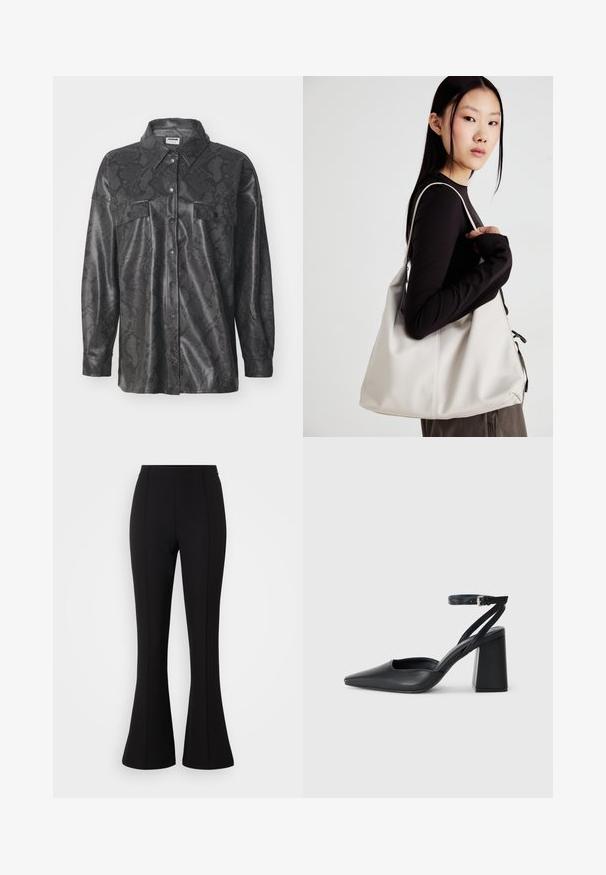 Must mustaga tumesünte jacket, millel on madu nahk mustriga, nööbitud esiosa, kaks rinna taskut ja kraega kaelus. Sile tekstuuriga viimistlus.; Lühike valge T-särk, mis on valmistatud puuvillast, lühikeste varrukatega, ümmarguse kaelusega ja sirge lõikega, omades sileda tekstuuri ja minimaalset disaini.; Mustad flared püksid, mis on valmistatud venivast kangast, sujuva tekstuuriga, kõrge vöökohaga ja esitõmmete detailidega.; Mustmustest must-käigukingad, millel on konksuga nöör ja paks konts. Ühtlane tekstuur, stiilne disain ja minimalistlik esteetika.; Bež käekott pehme materjali, millel on lõtv disain, õmblustega detailid ja kaks õlarihma. Sobib igapäevaseks kasutamiseks.