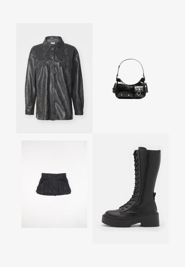 Svart syntetisk skjortjacka med ormskinnsmönster, knäppt framtill, två bröstfickor och krage. Slättexturerad yta.; Svart långärmad bodysuit med hög hals, med heltäckande tyg på torso och genomskinliga meshärmar, designad i en figurnära form.; Svart denim mini kjol med två framfickor, sidospännen och en figurnära midja. Har en slät textur och en rak fåll.; Svarta knähöga snörstövlar med en kraftig platt sula, slät läderfinish och förstärkt sömnad längs sömmarna.; Svart lackläderhandväska med en rundad form, en axelrem, framfickor och detaljer i silverfärg.