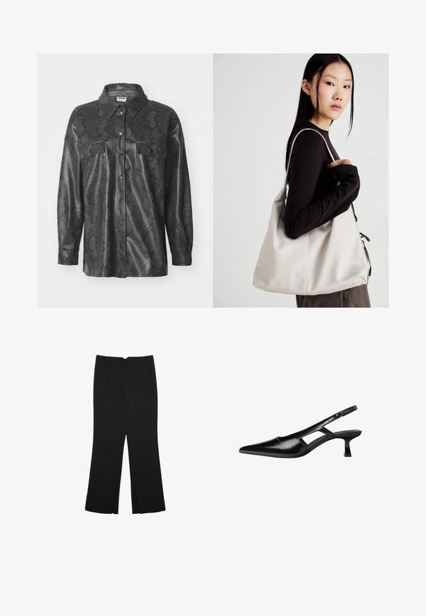 Giacca camicia sintetica nera con motivo in pelle di serpente, chiusura con bottoni, due tasche sul petto e colletto. Finitura a superficie liscia.; Top bianco senza maniche con scollatura rotonda. Realizzato in tessuto liscio, presenta una vestibilità rilassata e un design minimalista. Nessun motivo o accentuazione.; Pantaloni neri a gamba dritta, con tasche frontali e spacchi laterali all'orlo. Realizzati in tessuto morbido e liscio. Adatti a diverse occasioni.; Tacchi slingback in pelle verniciata nera con punta affusolata, design con tagli laterali e tacco quadrato piccolo. Texture liscia con dettagli minimi.; Borsa a mano beige realizzata in materiale morbido, caratterizzata da un design morbido, dettagli cuciti e due manici. Adatta per l'uso quotidiano.
