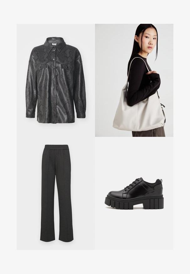 Melnas sintētiskas auduma krekla jakas ar čūskas ādas rakstu, ar pogām aizverama priekšpuse, divas krūšu kabatas un apkakles kakla izgriezums. Gluda tekstūras apdare.; Melna kokvilnas T-krekls ar īsām piedurknēm, kuram priekšā kreisajā pusē ir neliels rozā tauriņa grafiskais attēls. Ar apaļu kaklu un brīvā stila piegriezumu.; Melni taisni bikses ar elastīgu jostu, priekšējiem krokām, mīkstu audumu un bez redzamām rakstu vai aparatūras detaļām.; Melnas ādas platformas kurpes ar masīvu bloku papēdi, apaļu purngalu un tradicionālu saistīšanas dizainu. Izceļas ar gludu tekstūru un minimālu apdari.; Bežs rokassoma, izgatavota no mīksta materiāla, ar brīvu dizainu, izšūtu apdari un divām plecu siksnām. Piemērota ikdienas lietošanai.
