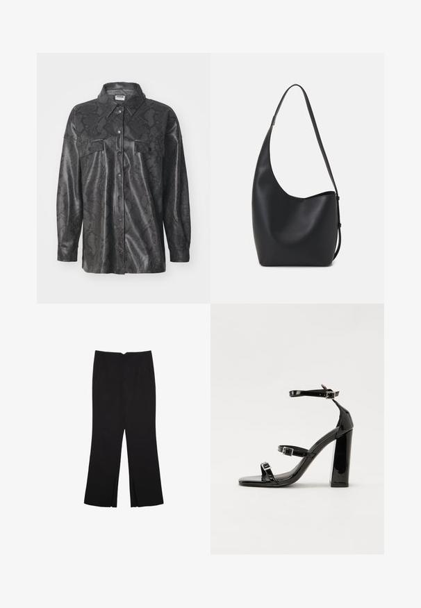 Giacca camicia sintetica nera con motivo in pelle di serpente, chiusura con bottoni, due tasche sul petto e colletto. Finitura a superficie liscia.; Top cropped nero a maniche lunghe con scollatura tonda, design semplice e orlo leggermente curvo.; Pantaloni neri a gamba dritta, con tasche frontali e spacchi laterali all'orlo. Realizzati in tessuto morbido e liscio. Adatti a diverse occasioni.; Sandali con tacco in vernice nera, con punta squadrata, cinturini alla caviglia e fibbie in argento. Presentano un tacco a blocco spesso per maggiore stabilità.; Borsa hobo nera in pelle con una superficie liscia, forma curvata e una singola tracolla regolabile; presenta un'ampia apertura nella parte superiore.