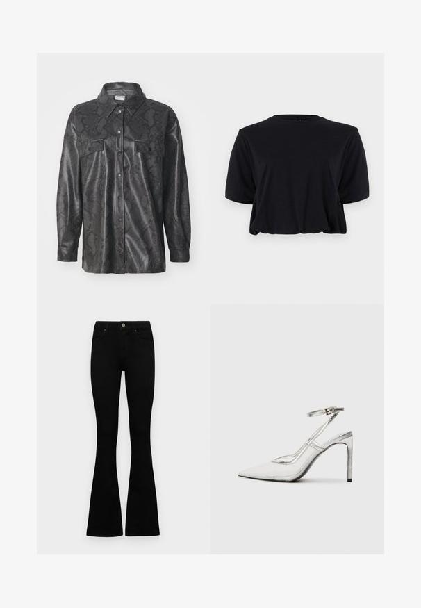 Jaqueta de camisa sintética preta com padrão de pele de cobra, fecho frontal com botões, dois bolsos no peito e colarinho. Acabamento texturizado suave.; T-shirt preta de algodão, cropped, com mangas curtas e decote redondo, apresentando um design limpo e sem costuras, e uma textura suave.; Jeans pretos de cintura alta com fecho de botão e zíper, bolsos frontais e pernas largas dispostos em cima de um fundo branco.; Shoe com salto stiletto claro e bico fino, material transparente, detalhes metálicos prateados e tira ajustável no tornozelo.
