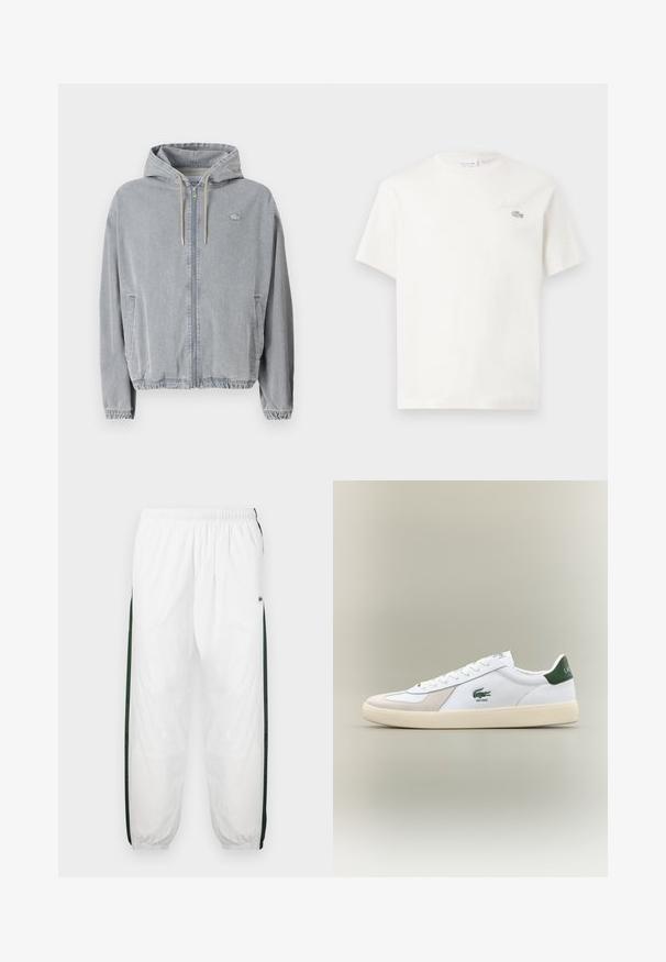 Lacoste Denim jacket - calcaire; White cotton t-shirt with short sleeves, featuring a subtle embroidered logo and minimalistic design. Soft texture, crew neckline.; White track pants with dark green side panels. Lightweight material, elastic waistband, and cuffed hems. Features mesh texture on side panels.; White sneaker with green accents, suede and leather materials, rounded toe, textured outsole, and embroidered logo on side and tongue.