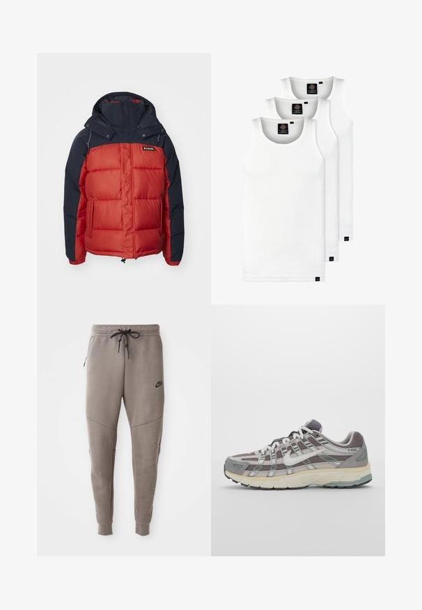 Červená a námořnická modrá insulated puffer bunda s kapucí, s obdélníkovým prošíváním a zipovými kapsami. Logo na horním levém rohu.; Tři bílé žebrované tílka vyrobené z bavlny. Mají kulatý výstřih a malé černé štítky poblíž lemu. Dostupné v několika velikostech.; Šedé Nike tepláky s elastickým pasem na šňůrku, zúženými nohavicemi, bočními kapsami a charakteristickým švem. Měkká, strukturovaná tkanina.; Šedá sportovní obuv s vrchní částí z mikrovlákna a semiše, bílými akcenty, polstrovanou podrážkou a jedinečným designem s reflexními prvky.