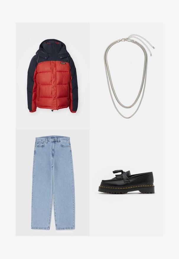 Rød og navy isoleret pufferjakke med hætte, præget af et rektangulært quiltet mønster og lynlåslommer. Logo på den øverste venstre side.; Fem langærmede T-shirts i en række: turkis, sort, hvid, mørkegrå og navyblå. Blødt stof med rund halsdesign og standard pasform.; Lyseblå denimjeans med straight leg-design, der har en mid-rise talje, fem lommer og en lukning med knap og lynlås.; Sort læderloafer med en frynsedetalje, der har en kraftig sort sål og gul syninger langs kanten. Teksturert overflade.; Tre-lags sølvmetal halskæde med slanke, flexible kæder med en let glans, sikret med en hummerlås og justerbar kæde.