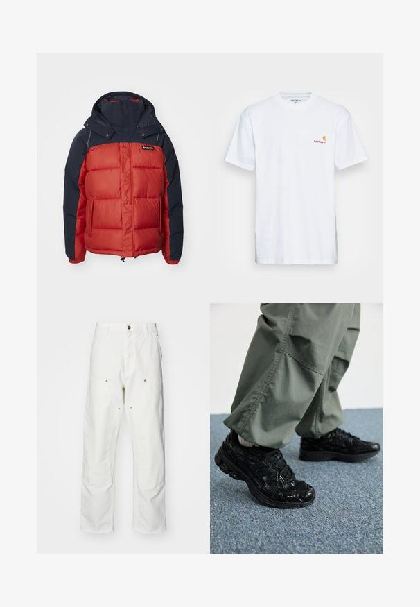 Chaqueta acolchada aislante roja y azul marino con capucha, que presenta un patrón de acolchado rectangular y bolsillos con cremallera. Logo en la parte superior izquierda.; Camiseta de algodón blanca de manga corta. Diseñada con un pequeño logotipo naranja y marrón en el lado izquierdo del pecho. Presenta un cuello redondo clásico.; Pantalones cargo de algodón blancos con un corte relajado. Las características incluyen bolsillos frontales, detalles en dorado y secciones de rodilla reforzadas.; Zapatillas deportivas negras con texturas brillantes y de malla, que presentan una suela gruesa y cordones, combinadas con pantalones cargo holgados de color verde oliva.