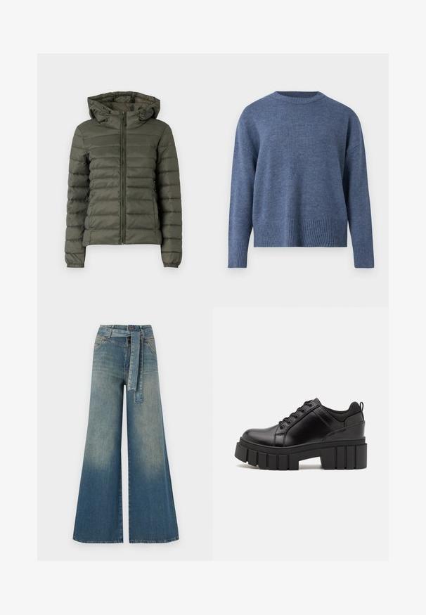 Giacca puffer verde oliva con zip anteriore, cappuccio e polsini elasticizzati. Il tessuto presenta sezioni cucite orizzontalmente per l'isolamento.; Maglione blu lavorato a maglia con scollatura e orlo a coste. Presenta maniche lunghe e una vestibilità comoda, realizzato in un tessuto morbido.; Pantaloni in denim a gamba larga con una sfumatura che va dal blu chiaro al blu scuro, vita alta, passanti per cintura e una cintura in tessuto coordinato. Finitura in denim strutturato.; Scarpe platform in pelle nera con tacco a blocco robusto, punta rotonda e design tradizionale con lacci. Presentano una superficie liscia e dettagli minimi.