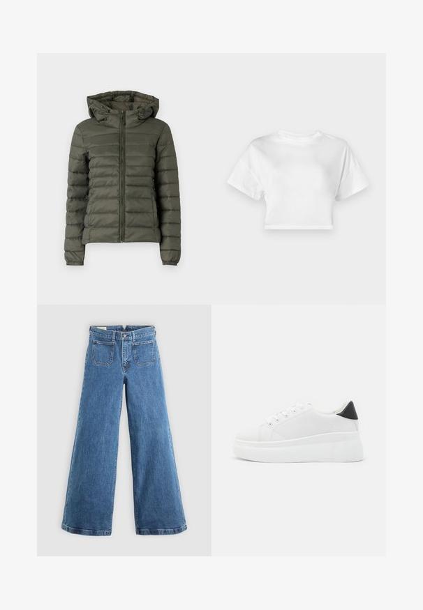 Chaqueta de plumas verde oliva con cierre de cremallera en la parte delantera, capucha y puños elásticos. La tela presenta secciones acolchadas horizontales para aislamiento.; Camiseta corta blanca de algodón. Mangas cortas, escote redondo, textura suave, diseño casual sin patrones ni adornos.; Jeans de pierna ancha de talle alto en azul, con bolsillos frontales de parche, trabillas para cinturón, cierre de botón y cremallera, sobre un fondo liso.; Zapatillas de plataforma blancas hechas de material sintético suave, con punta redondeada, diseño de cordones y suela de goma texturizada. Acento en el talón negro.