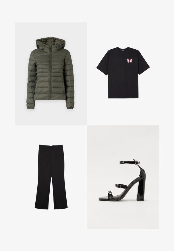 Olivgröna pufferjacka med dragkedja fram, huva och elastiska ärmslut. Tyget har horisontella quiltade sektioner för isolering.; Svart bomullströja med korta ärmar, med en liten rosa fjärilsgrafik på vänster bröst. Rundad halsdesign med en avslappnad passform.; Svarta byxor med rak passform, utrustade med framfickor och sidoklyvningar vid fållen. Tillverkade av mjukt, slätt tyg. Lämpliga för olika tillfällen.; Svarta lackerade klacksandaler med fyrkantig tå, ankelremmar och silverfärgade spännen. Har en kraftig blockklack för stabilitet.