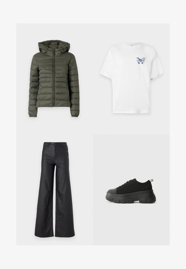 Chaqueta de plumas verde oliva con cierre de cremallera en la parte delantera, capucha y puños elásticos. La tela presenta secciones acolchadas horizontales para aislamiento.; Camiseta de algodón blanca con un estampado colorido de mariposa en el lado izquierdo del pecho. Mangas cortas y corte relajado.; Pantalones de pierna ancha en material de cuero sintético. Presentan una cintura alta, trabillas para cinturón, dos bolsillos delanteros y detalles de costura.; Zapatillas negras con suela de goma gruesa, parte superior de tela texturizada, punta redonda y diseño con cordones. Presenta ojales reforzados y tirador en la parte trasera.