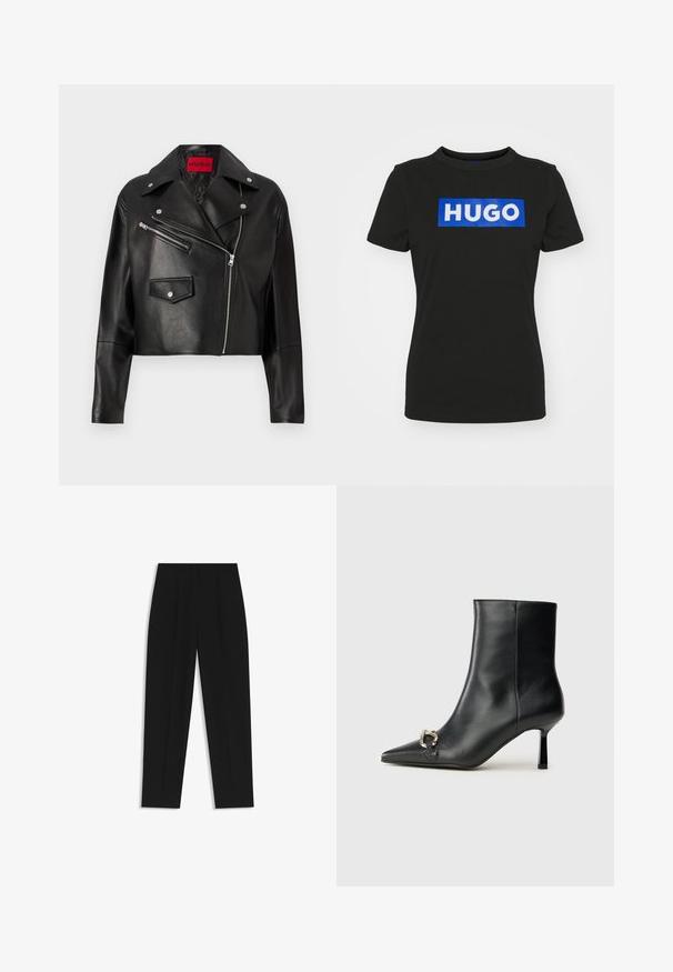 Black leather cropped jacket with wide lapels, asymmetric front zipper, and two zippered pockets, featuring a red logo tag inside.; Black short-sleeve t-shirt made of cotton, featuring a large blue rectangular graphic with the word "HUGO" in white bold letters.; Black trousers with a straight fit, featuring double pleats, a smooth texture, and a classic waistband design. No visible hardware or accents.; Black leather ankle boot with pointed toe, slim mid-height heel, and silver buckle detail on side against plain background.