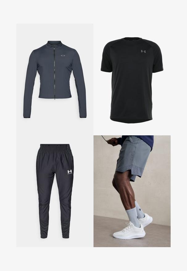 Oakley OFF GRID JACKET - Āra jaka - blackout; Melnas īsām piedurknēm sporta krekls, izgatavots no gludas, vieglas auduma. Iespējamā apaļa apkakle un discrētu logo uz krūšu.; Under Armour PRO PANT - Treniņtērpa apakšdaļas - black/white; Baltas sporta apavu pāris ar strukturētu acs virsu, apvienots ar gaiši zilo riboto zeķu pāri, kurā ir zīmols. Pelēki sporta šorti ar perforētu apdari.