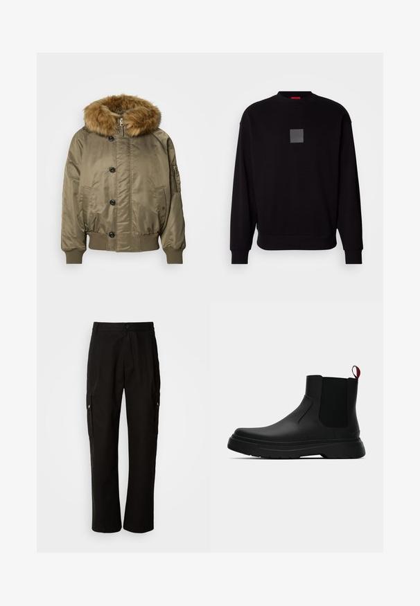 Oluvi zaļš bumbvedēja stila jaka ar ribotiem piedurkņu un apakšmalu galiem, priekšējiem pogām, rāvējslēdzēju, sānu kabatām un lielu noņemamu brūnu mākslīgās sukas apdari ap kapuci.; Melns džemperis ar garām piedurknēm, apaļu kakla izgriezumu, priekšpusē pelēks kvadrāta logotips, mīksta tekstūra un ribotas piedurknes un apakšmala.; Melnas kokvilnas kravas bikses ar brīvu piegriezumu, ar sānu kabatām, pogu aizdari un taisnām kājām. Vienkāršs dizains bez rakstiem.; Melnas potītes ar gludu apdari, elastīgiem sānu paneļiem un kontrastējošu sarkano cilpu, aprīkotas ar biezu gumijas zoli un noapaļotu purngalu.