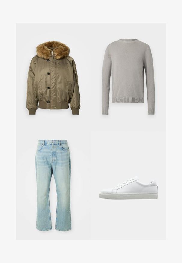 Olive-green bomber jacket with ribbed cuffs and hem, front buttons, zip closure, side pockets, and a large detachable brown faux fur hood trim.; Light gray knitted sweater with a round neckline, ribbed cuffs, and hem. Features a textured fabric in a solid color without patterns.; Light blue denim flared jeans with a high waist, featuring five pockets, belt loops, and a faded wash texture.; White sneaker with a smooth leather upper and a low profile. Features a rounded toe, six eyelets, and a textured rubber sole.