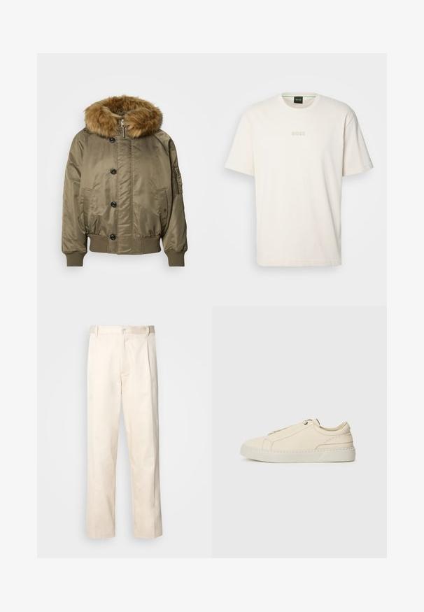 Alyvuogių spalvos bomberis su raukšlėmis ant rankovių ir apatinės dalies, priekyje mygtukai, užtrauktukas, šoninės kišenės ir didelis nuimamas rudasis dirbtinis kailio apdangalas.; BOSS TEE - Paprasti marškinėliai - open white; Bežinės medvilninės kelnės su tiesiu kirpimu, turinčios mygtuko uždarymą ir priekyje raukšles papildomai dekoratyviam akcentui.; Kreminio odos sportbačiai su apvaliu nosiu, minimalistiniu dizainu, subtiliomis siuvimo detalėmis ir tekstūrine viršutine dalimi, ant šviesios pado.