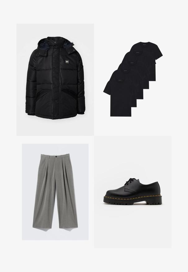 GAP HOODED HEAVYWEIGHT LOGO PUFFER - Téli dzseki - true black; Öt darab fekete kerek nyakú póló csomag. Rövid ujjú, pamut anyagból, szabványos fazonnal. Sima textúra, látható minták vagy díszítések nélkül.; Szürke csíkozott, bőv szabású elegáns nadrág, ami elöl redőzött, övlyukakkal, oldalzsebekkel és fekete gombos záródással rendelkezik.; Fekete bőr, fűzős cipő lekerekített orral, texturált gumitalppal és sárga varrással az alján. Lapos design és sima felület.