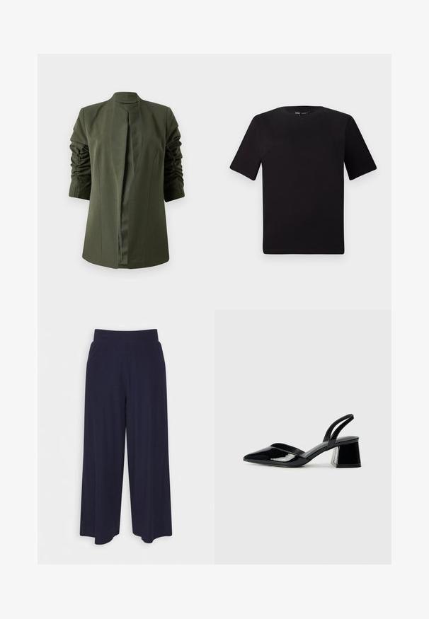 Olivno zeleni dolg plašč s strukturiranim dizajnom, ki ima šalski ovratnik in nabirane rokave za dodano teksturo. Hitro zaponke niso vidne.; Črna majica s kratkimi rokavi in okroglim izrezom, izdelana iz mehkega bombažnega materiala. Preprost dizajn, brez vidnih logotipov ali vzorcev.; Široke hlače iz temno modrega blaga z rebrasto teksturo. Imajo gladek pas in tekoč silhueto, ki seže do sredine tele.; Črne lakirane slingback pete s koničastim nosom in geometrijsko blokasto peto. Imajo eleganten, minimalističen dizajn in gladko teksturo.